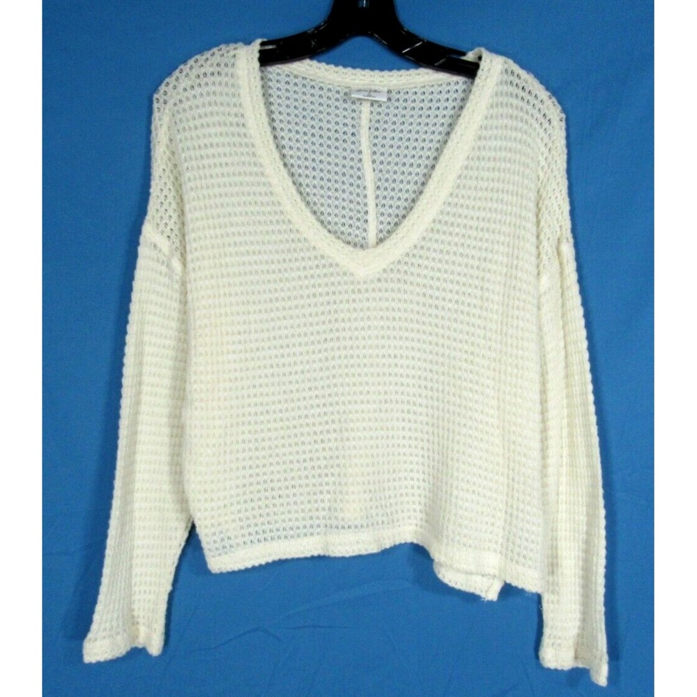 OTHERS FOLLOW Ivory SEE-THROUGH Crochet Knit V-NECK Oversized CROPPED Top Sz XS